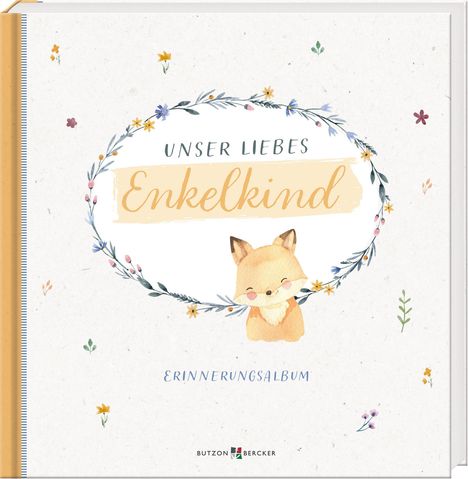 Text: „UNSER LIEBES Enkelkind, ERINNERUNGSALBUM“. Illustration: Ein niedlicher Fuchs mit Blumenkranz.