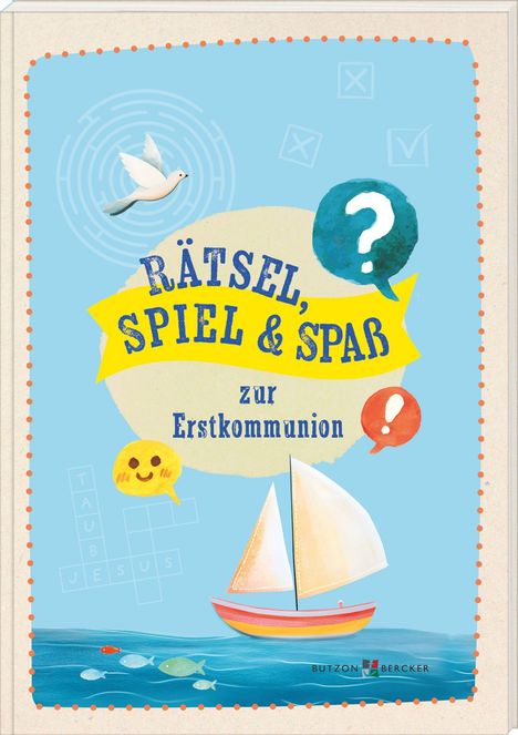 "Rätsel, Spiel & Spaß zur Erstkommunion" in fröhlichen Farben mit Taube, Labyrinth, Boot und Fischen als Illustration.