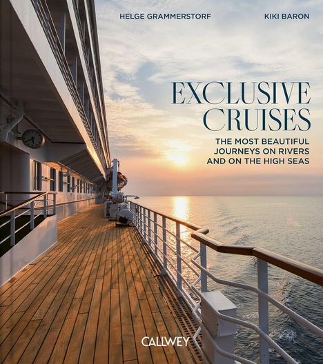 "EXCLUSIVE CRUISES" ist zentral platziert. Es zeigt das Deck eines Kreuzfahrtschiffs bei Sonnenuntergang.