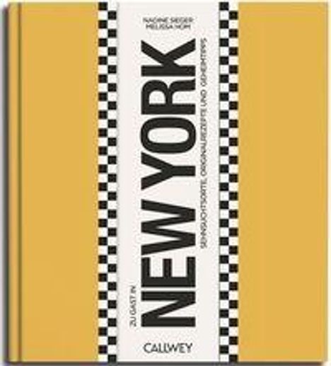 Titel: "Zu Gast in New York". Vertikaler Text "NEW YORK". Gelber Hintergrund, schwarz-weiß kariertes Muster.
