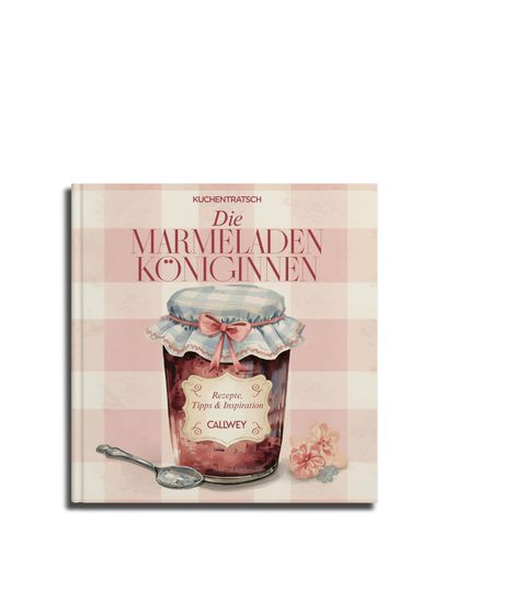 „Kuchentratsch Die Marmeladenköniginnen“, Marmeladenglas mit Stoffdeckel, Löffel, Blumen.