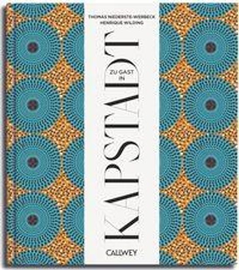 "THOMAS NIDERHOFF, HENRIQUE WILDING, ZU GAST IN KAPSTADT, CALDWEY" auf einem Buch, mit blau-orangenem Muster als Hintergrund.