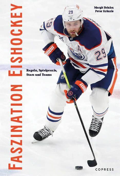 "Faszination Eishockey" in roter Schrift. Eishockeyspieler auf Eis mit Puck und Schläger, dynamische Bewegung.