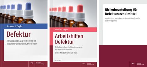 "Defektur" und "Arbeitshilfen Defektur" von Andreas S. Ziegler; braune Flaschen mit farbigen Verschlüssen.