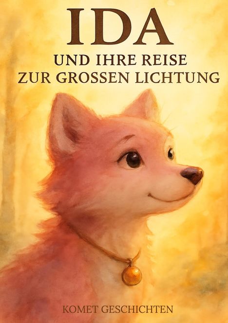 Text: "IDA UND IHRE REISE ZUR GROSSEN LICHTUNG. KOMET GESCHICHTEN." Illustration: Ein lächelnder, rosa-farbener Fuchs mit einem Anhänger.
