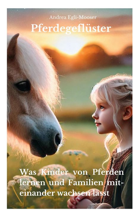 „Pferdegeflüster“ und „Was Kinder von Pferden lernen...“. Ein kleines Mädchen blickt einem weißen Pferd in die Augen.