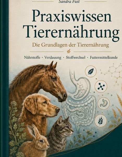 „Praxiswissen Tierernährung. Die Grundlagen der Tierernährung“. Illustrationen von Pferd, Hund, Katze und Hase mit Darmdiagramm.