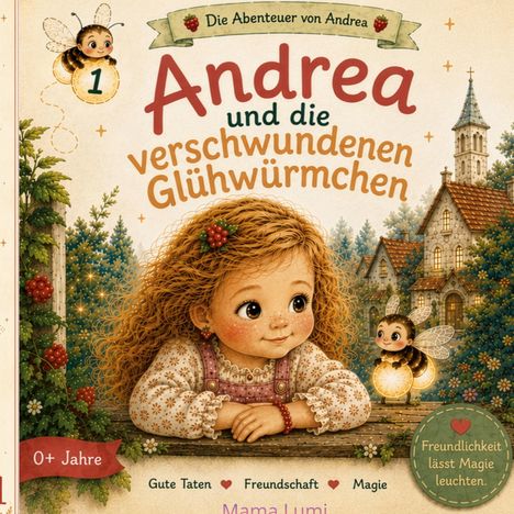 Text: "Andrea und die verschwundenen Glühwürmchen", "Gute Taten Freundschaft Magie", Illustration: Kind mit Glühwürmchen.