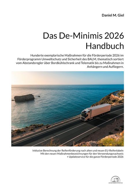 Titel: „Das De-Minimis 2026 Handbuch“. Bild: Ein LKW fährt an einer Küste entlang, das Meer ist klar und ruhig.