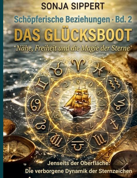 "SONJA SIPPERT, Schöpferische Beziehungen · Bd. 2, DAS GLÜCKSBOOT, Nähe, Freiheit und die Magie der Sterne. Jenseits der Oberfläche: Die verborgene Dynamik der Sternzeichen. Illustration mit Segelschiff und astrologischem Kreis."