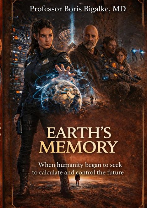 Text: "Professor Boris Bigalke, MD. EARTH'S MEMORY. When humanity began to seek to calculate and control the future." 

Illustration: Eine Frau in Uniform mit leuchtender Erdkugel.