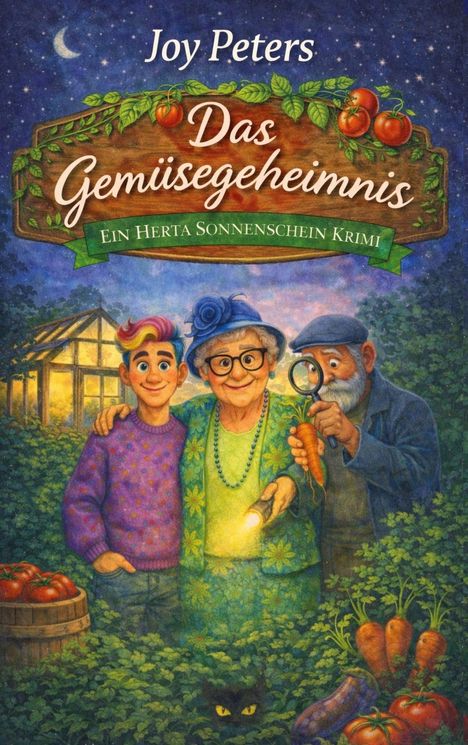 „Joy Peters: Das Gemüsegeheimnis. Ein Herta Sonnenschein Krimi.“ Drei Personen im Garten, eine hält eine Karotte.