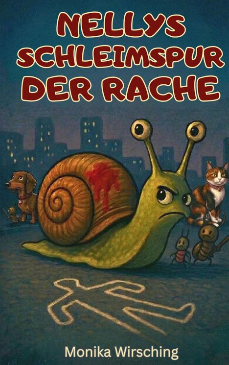 "NELLYS SCHLEIMSPUR DER RACHE" und "Monika Wirsching". Illustration: Große Schnecke, Hund, Katze, Ameisen, Stadt bei Nacht.