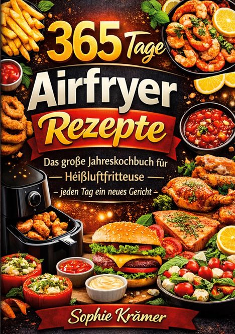 "365 Tage Airfryer Rezepte" in großer Schrift. Verschiedene Speisen wie Burger, Garnelen und Pommes sind abgebildet.