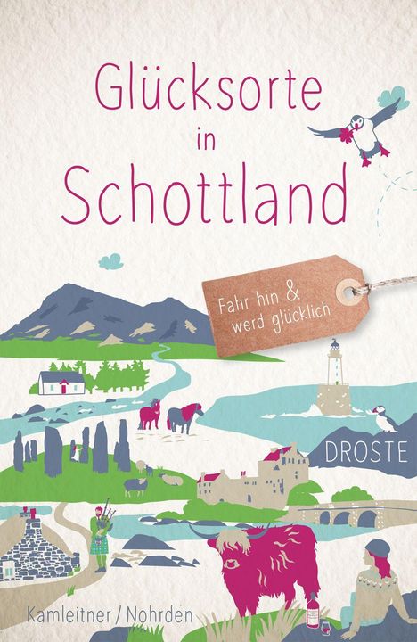 "Glücksorte in Schottland", "Fahr hin & werd glücklich", "DROSTE". Illustration von schottischen Landschaften und Symbolen.