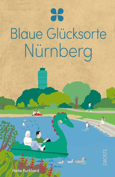 "**Blaue Glücksorte Nürnberg**, Illustration von einem See mit Menschen, Enten und einem Tretboot in Form eines Drachens."