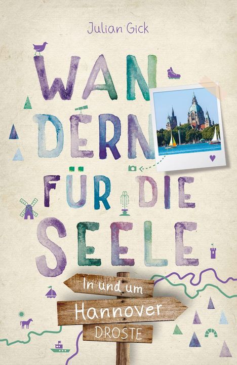 "Wandern für die Seele" in Aquarellfarben. Zeichen wie Vögel und Boote. Foto einer Kirche mit Segelbooten im Wasser.
