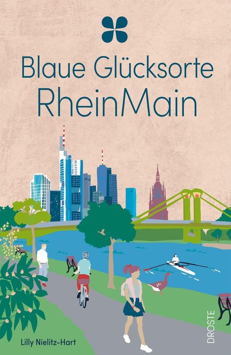 "Blaue Glücksorte RheinMain" in blauem Text, darunter eine Illustration von Natur, Menschen und urbaner Skyline.