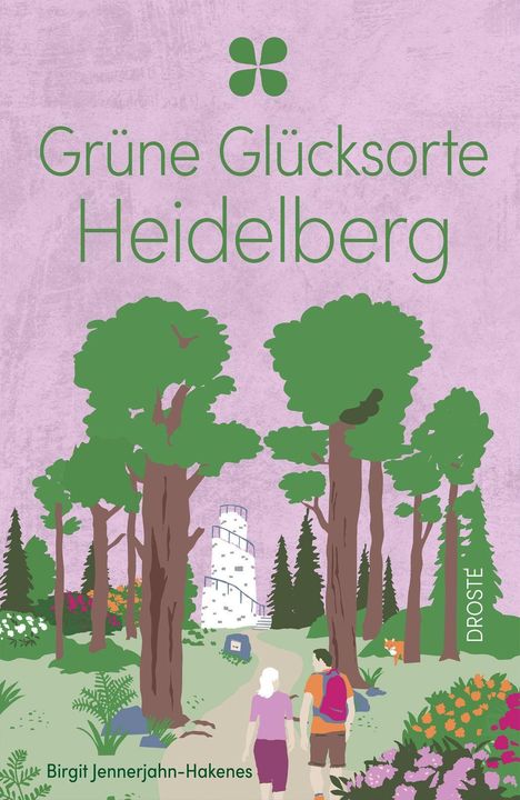 Titel: "Grüne Glücksorte Heidelberg". Illustration: Zwei Menschen wandern auf einem Waldweg, Bäume, Blumen, ein Turm.