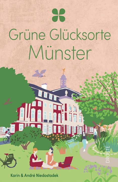 Grüne Glücksorte Münster. Illustration eines Parks mit Gebäude, Menschen, Bäumen und Fahrrad.