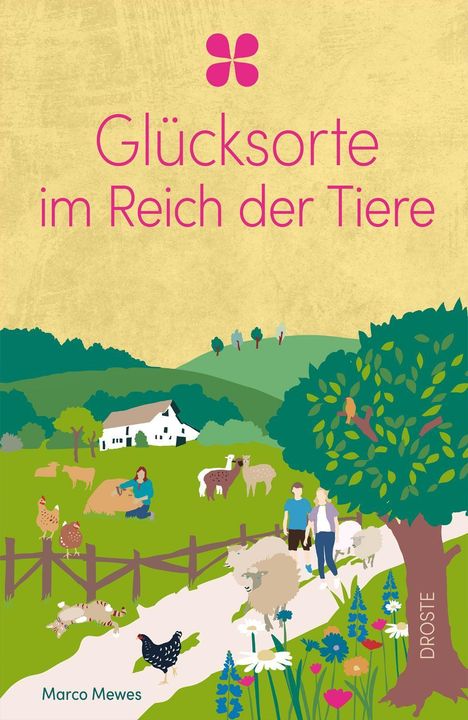 „Glücksorte im Reich der Tiere“. Illustration: Menschen spazieren mit Tieren auf einem Bauernhof, umgeben von Natur.