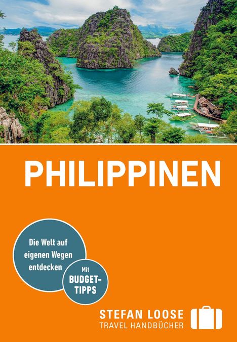"PHILIPPINEN" in Weiß auf Orange, Reiseführer-Cover. Oben tropische Landschaft mit türkisfarbenem Wasser und Kalksteinfelsen.