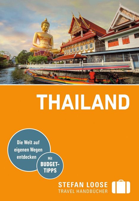 "THAILAND" steht groß auf orangefarbenem Hintergrund. Oben ein Tempel und eine Buddha-Statue am Wasser.