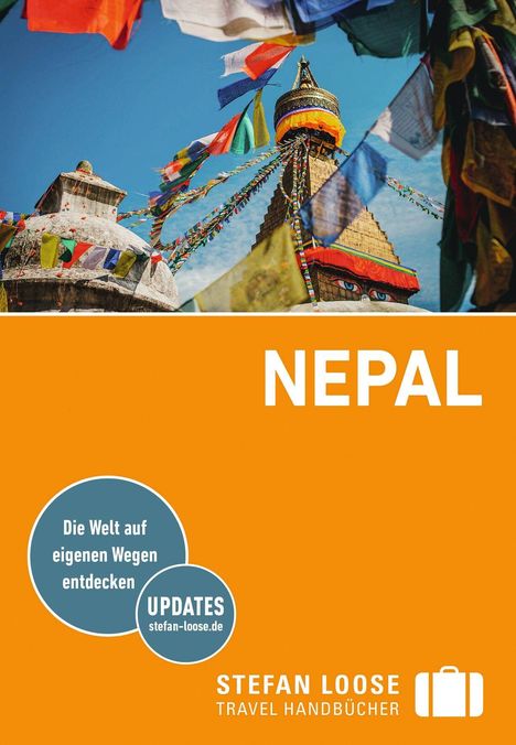 „NEPAL“ steht groß auf orangem Hintergrund, mit dem Text „Die Welt auf eigenen Wegen entdecken“. Oben sieht man bunte Gebetsfahnen.