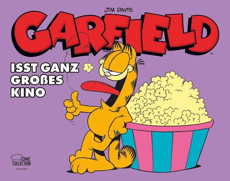 „Garfield isst ganz großes Kino.“ Garfield freut sich mit Popcorn und Daumen hoch. Humorvolle, bunte Comic-Illustration.