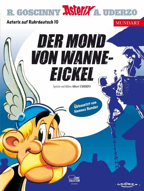 "Der Mond von Wanne-Eickel", Übersetzt von Hennes Bender. Asterix schaut nachdenklich, daneben eine Leiter und Schornsteinfeger-Silhouette.