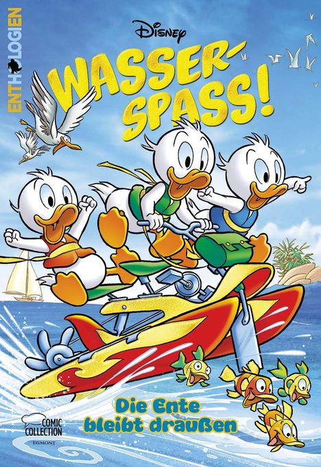 "WASSERSPASS! Die Ente bleibt draußen." Drei Enten auf einem Jetski, umgeben von Wasser, Möwen und Fischen. Comic-Illustration.