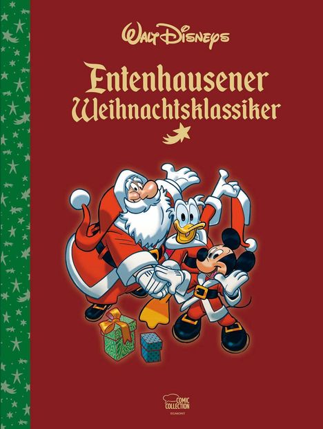 "Entenhausener Weihnachtsklassiker" zeigt Figuren in Weihnachtskostümen mit Geschenken vor rotem Hintergrund. Links grüne Bordüre.