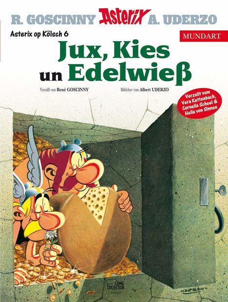 Titel: "Jux, Kies un Edelweiß". Zwei fröhliche Figuren betrachten einen Käselaib, umgeben von Münzen.