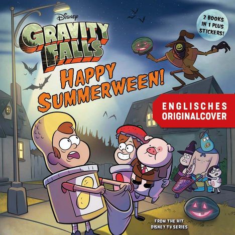"Gravity Falls: Happy Summerween!" Farbige Cartoon-Illustration mit Kindern in Kostümen, Kürbis-Gesicht leuchtet.