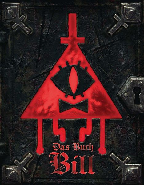 Texte: "Das Buch Bill." Rotes Symbol eines Dreiecks mit einem Auge und Fliege auf dunklem Hintergrund.