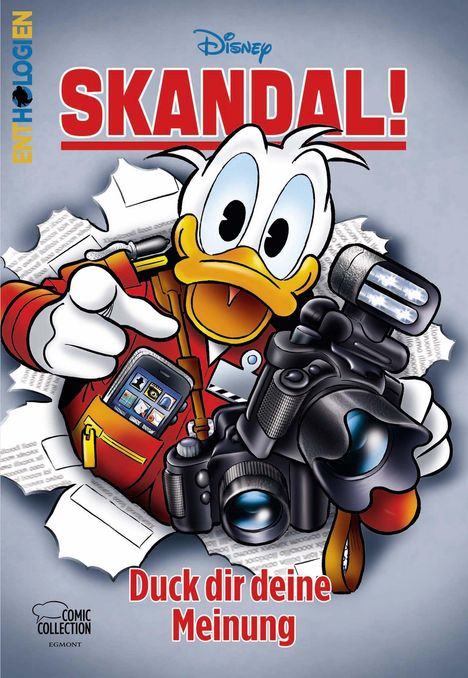 "SKANDAL! Duck dir deine Meinung." Eine Comic-Illustration mit einer Ente, die eine Kamera hält.