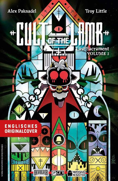 "CULT OF THE LAMB Last Sacrament VOLUME 2" steht über einem stilisierten, symmetrischen, farbenfrohen Design mit Lammfiguren.