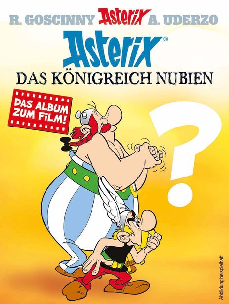 "Asterix - Das Königreich Nubien" in großer Schrift. Zwei Comicfiguren: ein kräftiger, großer Mann und ein kleinerer mit Helm.