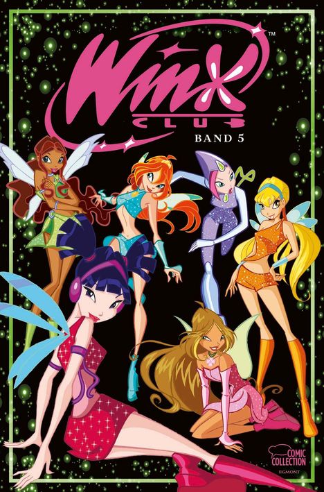 „Winx Club Band 5“ in pinker Schrift, sechs Feen in bunten Glitzeroutfits. Hintergrund mit grünen Blasen. Comic-Stil.
