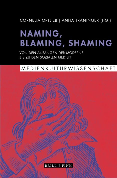 "NAMING, BLAMING, SHAMING" auf rotem Hintergrund, blaue Illustration einer Person mit Händen vor dem Gesicht.