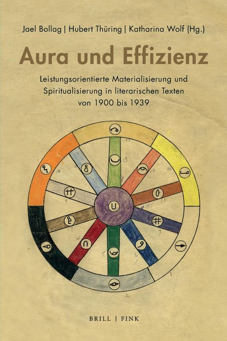 Titel: "Aura und Effizienz". Untertitel: "Leistungsorientierte Materialisierung und Spiritualisierung in literarischen Texten von 1900 bis 1939". Im mittleren Bereich befindet sich ein buntes Rad mit Symbolen auf beigefarbenem Hintergrund.