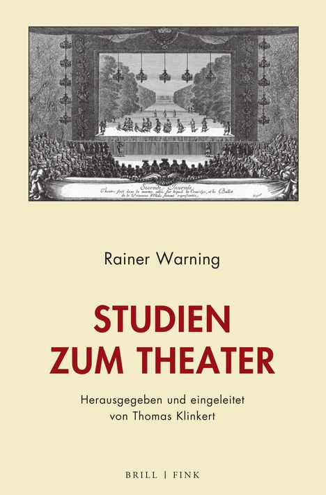 Texte: "STUDIEN ZUM THEATER", "Rainer Warning", "Herausgegeben von Thomas Klinkert". Schwarz-Weiß-Illustration einer Theaterszene.
