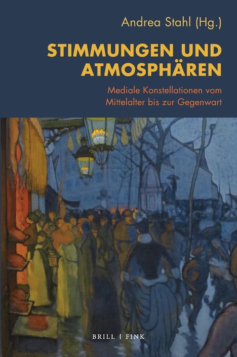 "Andrea Stahl (Hg.) STIMMUNGEN UND ATMOSPHÄREN. Illustration eines lebhaften, abendlichen Straßenszenarios."