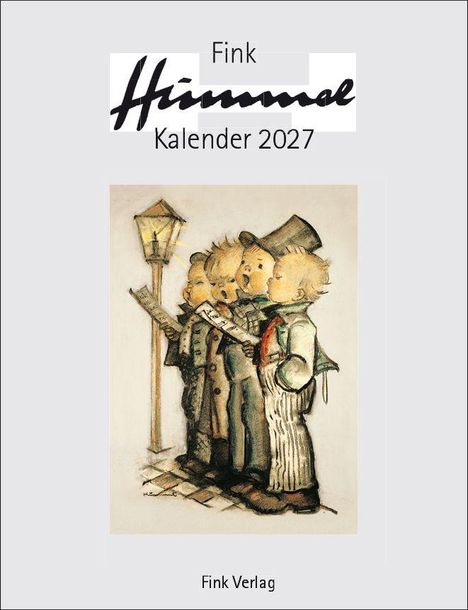 Text: "Fink Himmel Kalender 2027". Illustration von drei Kindern, die vor einer Straßenlaterne singen, mit Notenblättern.