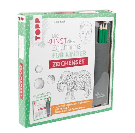 "Die Kunst des Zeichnens für Kinder. Zeichenset." Eine Schachtel mit einem Elefanten, Bleistiften und Zubehör.