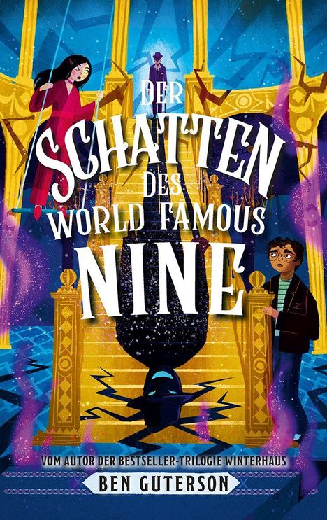 "Der Schatten des World Famous Nine" in großen Buchstaben, Figuren auf einer Treppe, ein Junge und ein Mann im Hintergrund.
