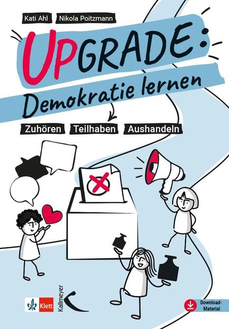 Titel: UPGRADE: Demokratie lernen. Begriffe: Zuhören, Teilhaben, Aushandeln. Illustration: Menschen mit Megafon und Wahlurne.