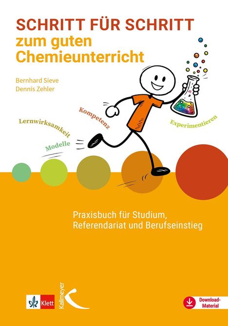 Titel: "Schritt für Schritt zum guten Chemieunterricht". Eine Illustration eines lächelnden Männchens mit Reagenzglas.