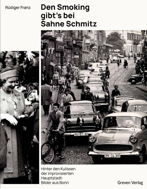 „Den Smoking gibt’s bei Sahne Schmitz“. Eine belebte Straße mit Autos und Fußgängern. Retro-Stimmung.