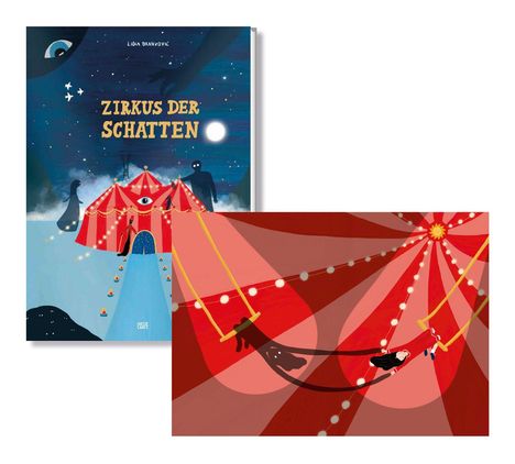 Der Text "Zirkus der Schatten" steht über einem Zirkuszelt bei Nacht. Darunter eine Illustration mit einer Trapezkünstlerin.